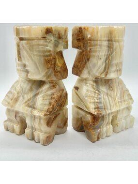 Vintage Onyx Stone Tiki Style Bookends Carved Banded Calcite Mid Century Pair